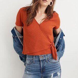 Madewell Wrap Top Orange Short Sleeve Superlight Jacquard Size Small